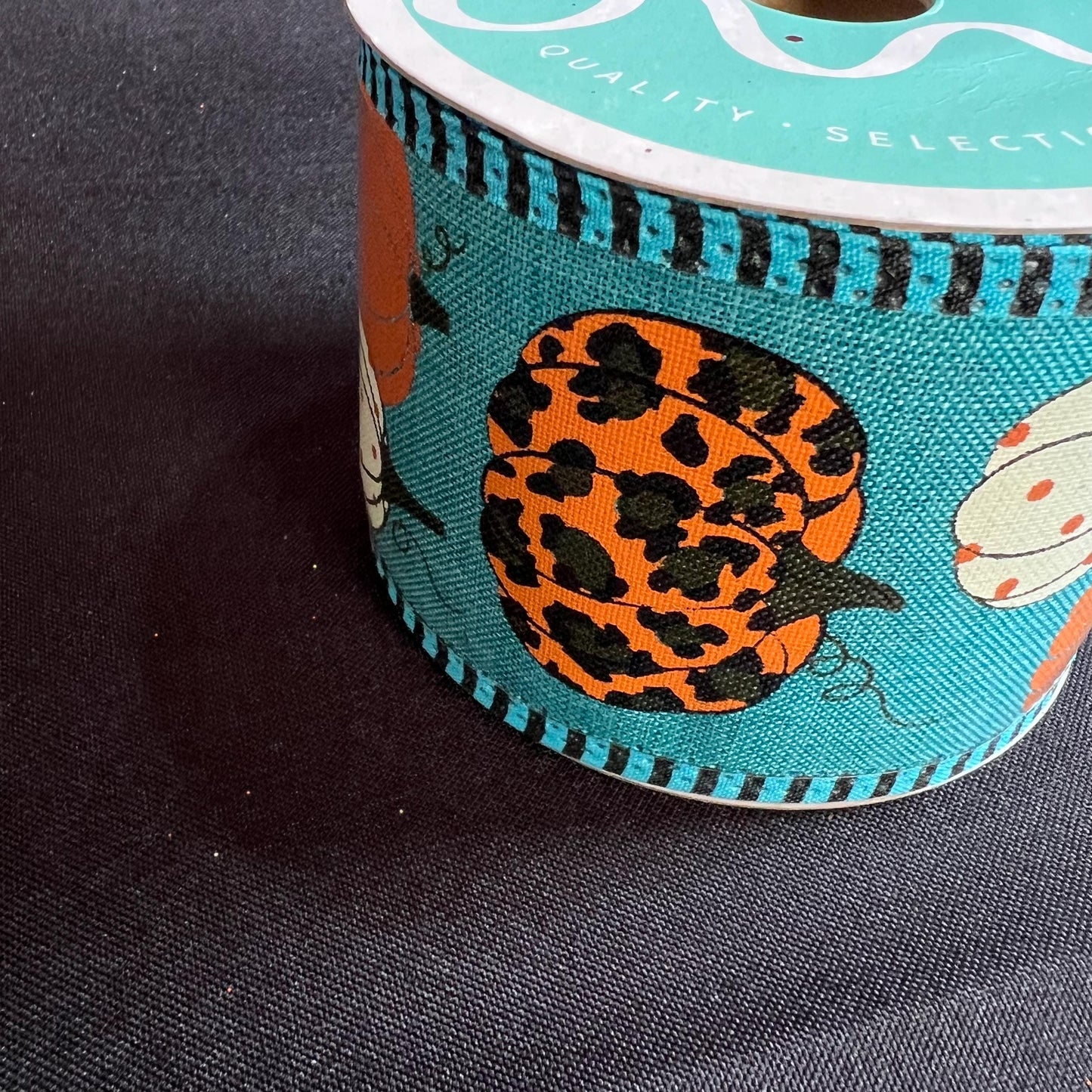 Fall Teal Pumpkin Ribbon, 2.5 Inch Blue Ribbon with Orange and Leopard Pumpkins, Aqua Orange and Leopard Pumpkin, 10 yard roll wreath ribbon