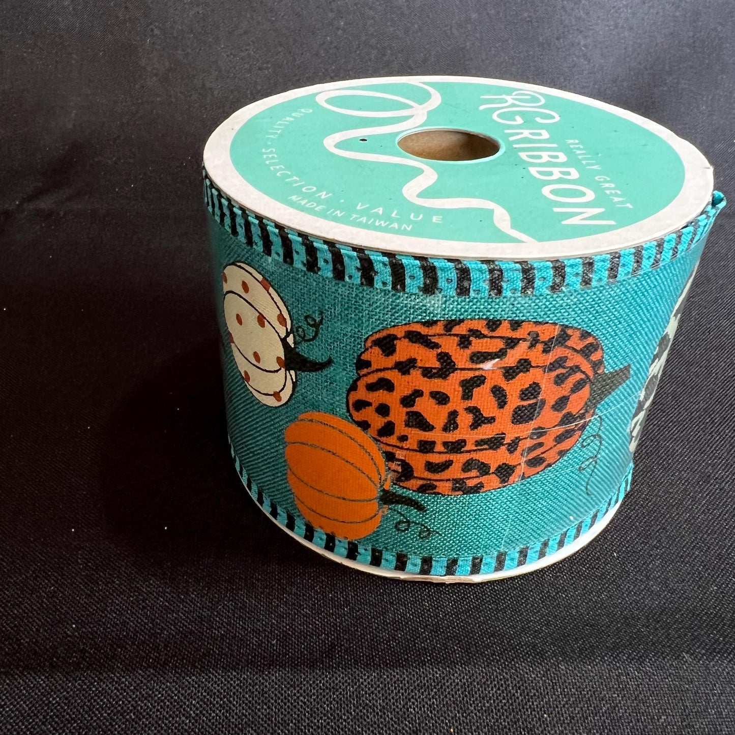 Fall Teal Pumpkin Ribbon, 2.5 Inch Blue Ribbon with Orange and Leopard Pumpkins, Aqua Orange and Leopard Pumpkin, 10 yard roll wreath ribbon