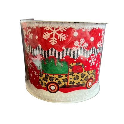 Leopard Print Pickup Truck Christmas Ribbon: Red Chenille Edge, 4 Inch