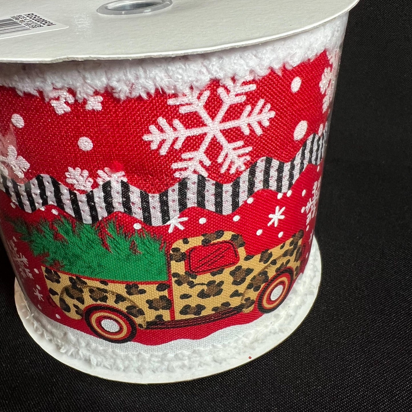 Leopard Print Pickup Truck Christmas Ribbon: Red Chenille Edge, 4 Inch