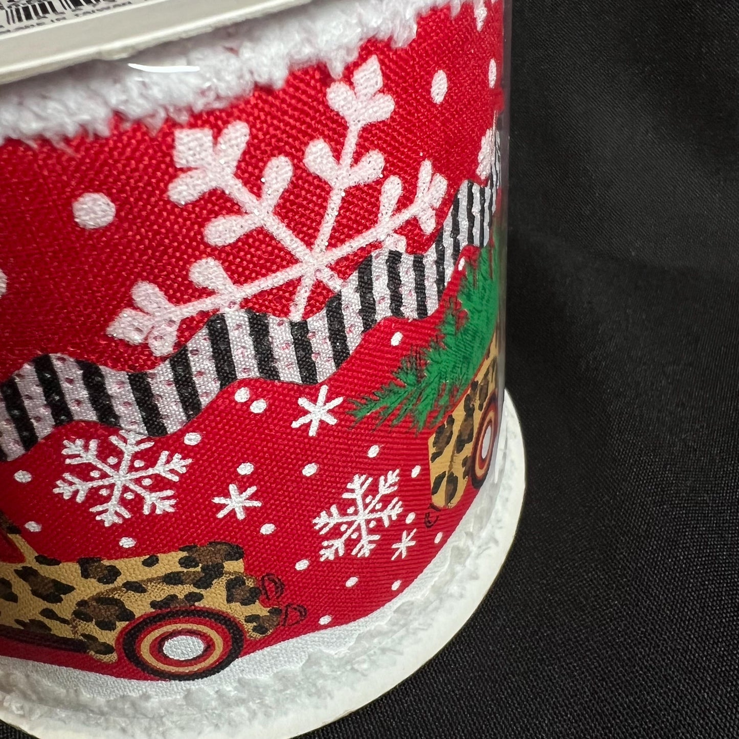 Leopard Print Pickup Truck Christmas Ribbon: Red Chenille Edge, 4 Inch