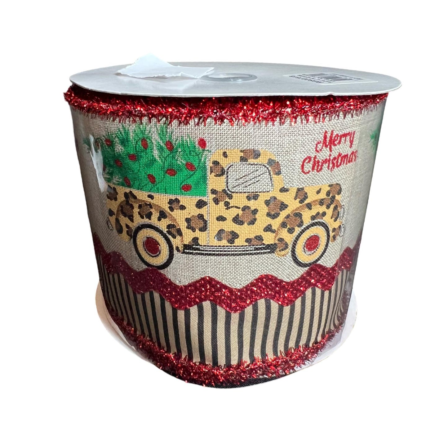 Leopard Pickup Truck Christmas Ribbon: 4 inch Beige Ribbon with Red Tinsel