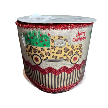 Leopard Pickup Truck Christmas Ribbon: 4 inch Beige Ribbon with Red Tinsel
