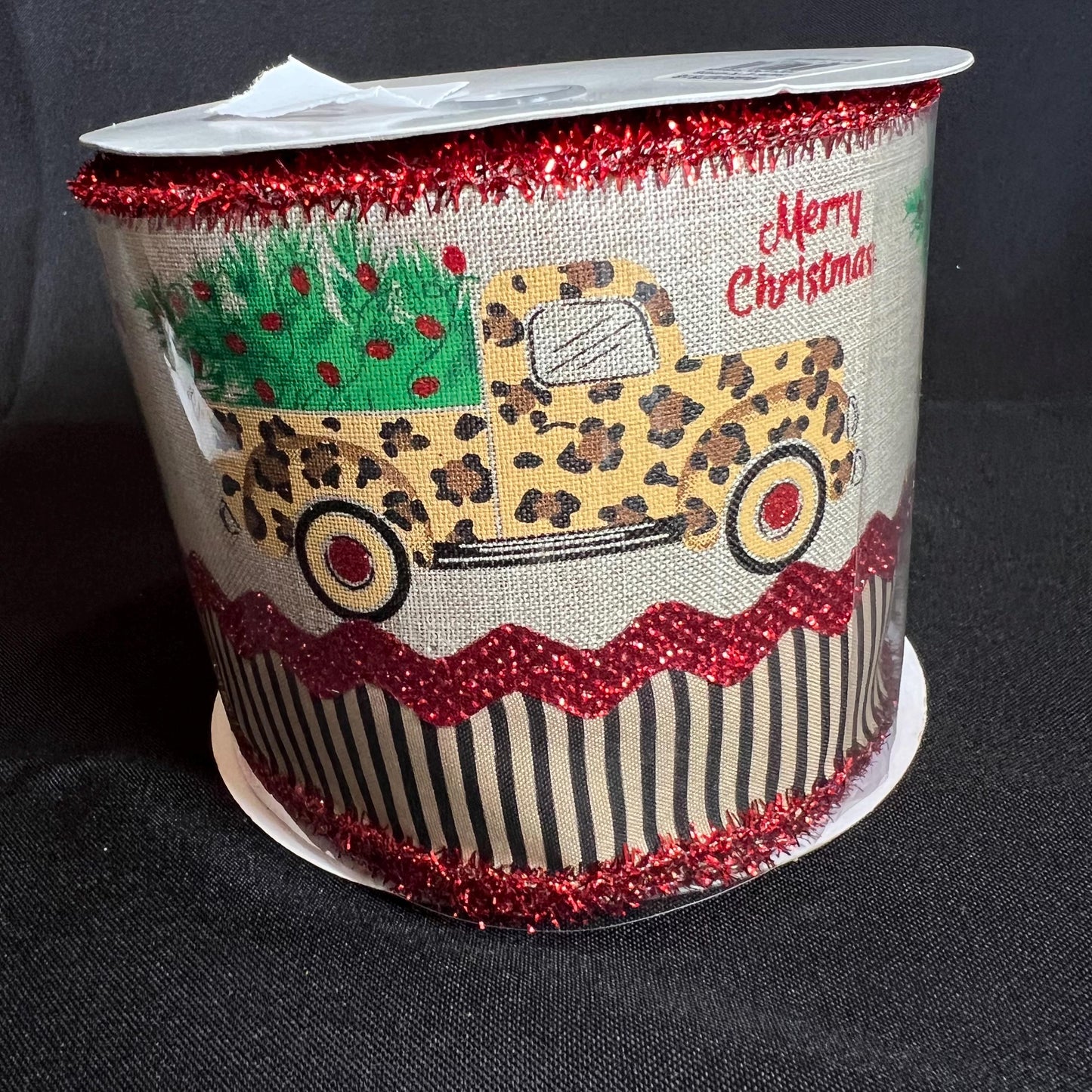 Leopard Pickup Truck Christmas Ribbon: 4 inch Beige Ribbon with Red Tinsel