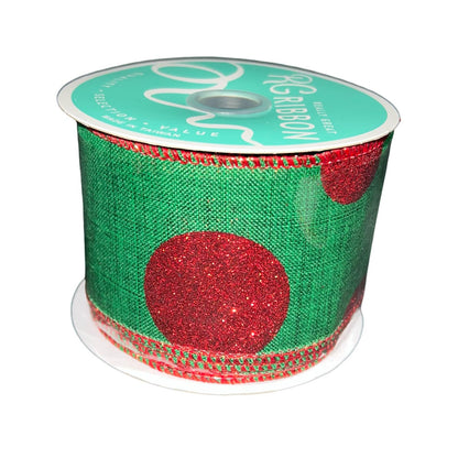 Green Christmas Ribbon: Red Glitter Dots, Wired Edge (2.5" x 10 Yards)