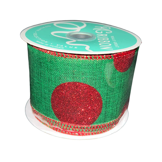 Green Christmas Ribbon: Red Glitter Dots, Wired Edge (2.5" x 10 Yards)