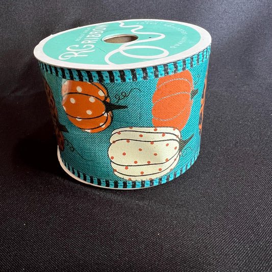 Fall Teal Pumpkin Ribbon, 2.5 Inch Blue Ribbon with Orange and Leopard Pumpkins, Aqua Orange and Leopard Pumpkin, 10 yard roll wreath ribbon