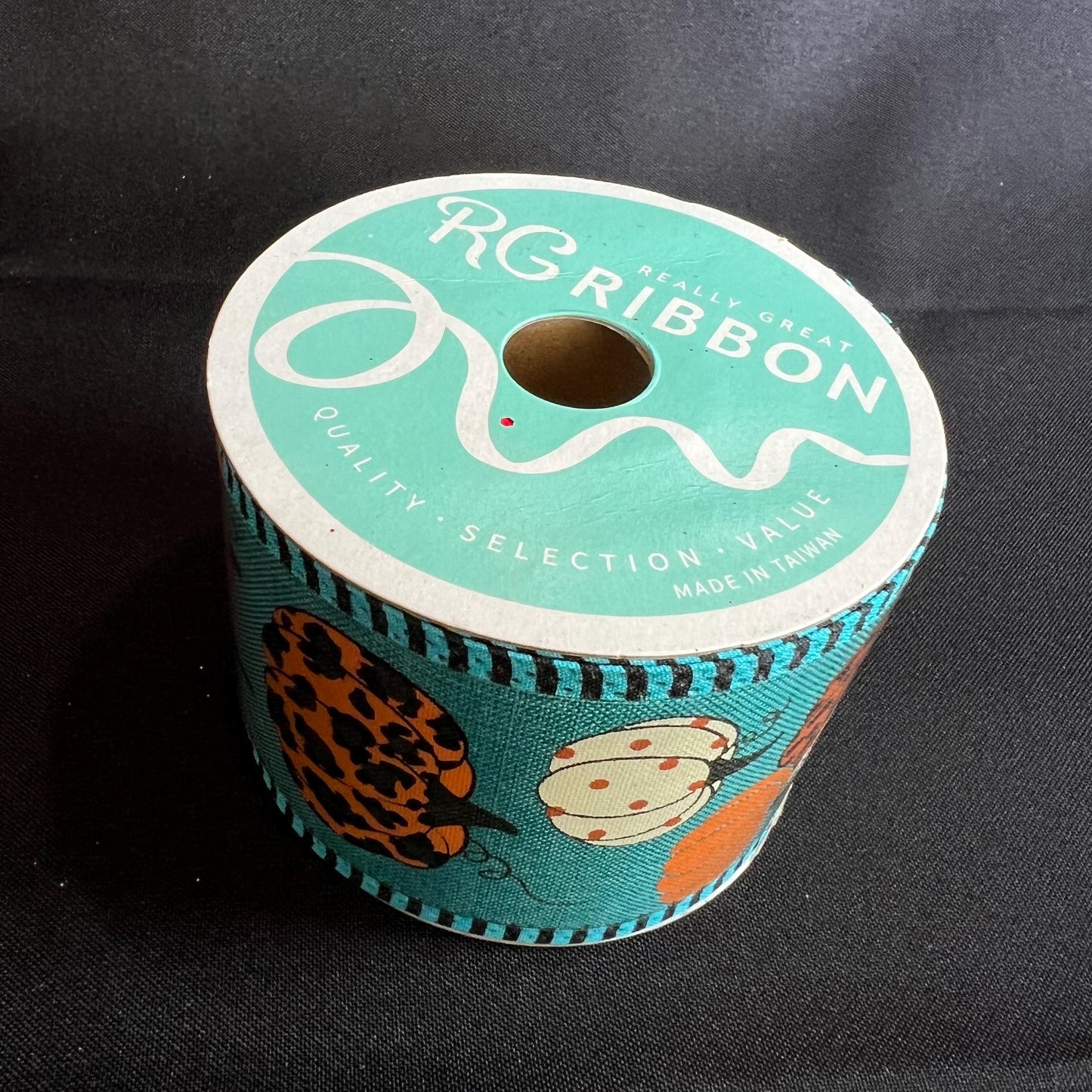 Fall Teal Pumpkin Ribbon, 2.5 Inch Blue Ribbon with Orange and Leopard Pumpkins, Aqua Orange and Leopard Pumpkin, 10 yard roll wreath ribbon