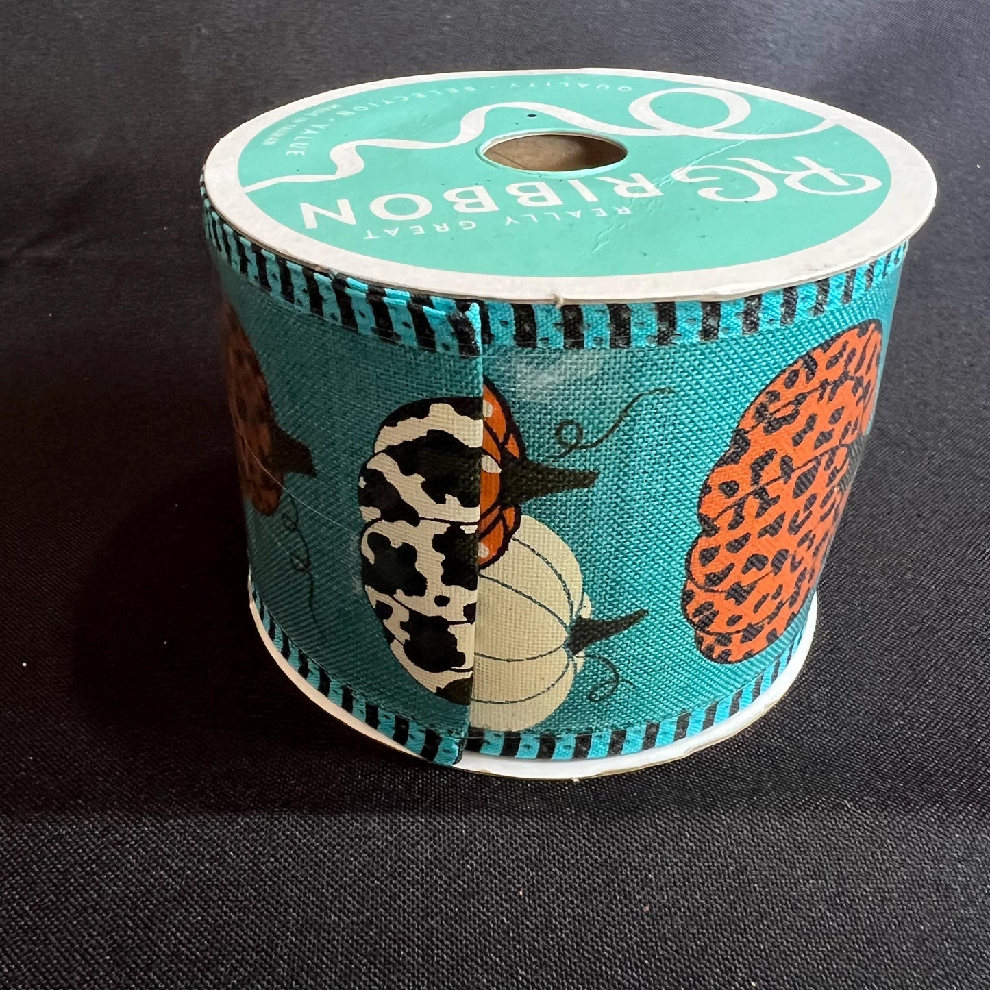 Fall Teal Pumpkin Ribbon, 2.5 Inch Blue Ribbon with Orange and Leopard Pumpkins, Aqua Orange and Leopard Pumpkin, 10 yard roll wreath ribbon