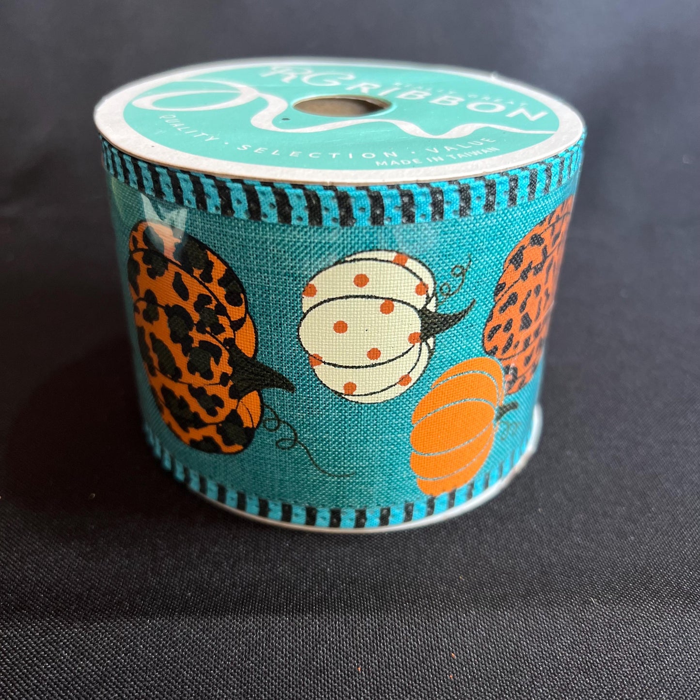 Fall Teal Pumpkin Ribbon, 2.5 Inch Blue Ribbon with Orange and Leopard Pumpkins, Aqua Orange and Leopard Pumpkin, 10 yard roll wreath ribbon