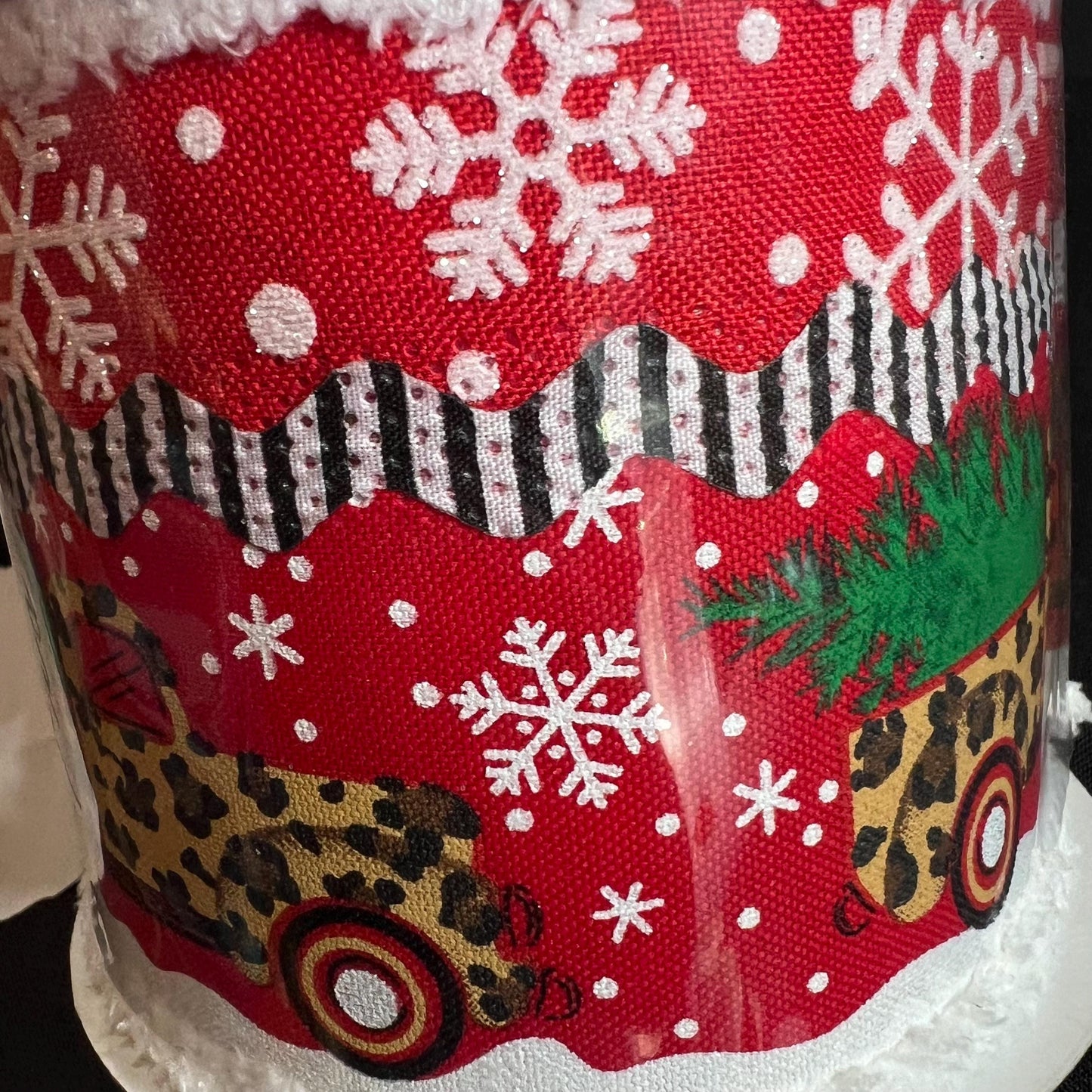 Leopard Print Pickup Truck Christmas Ribbon: Red Chenille Edge, 4 Inch