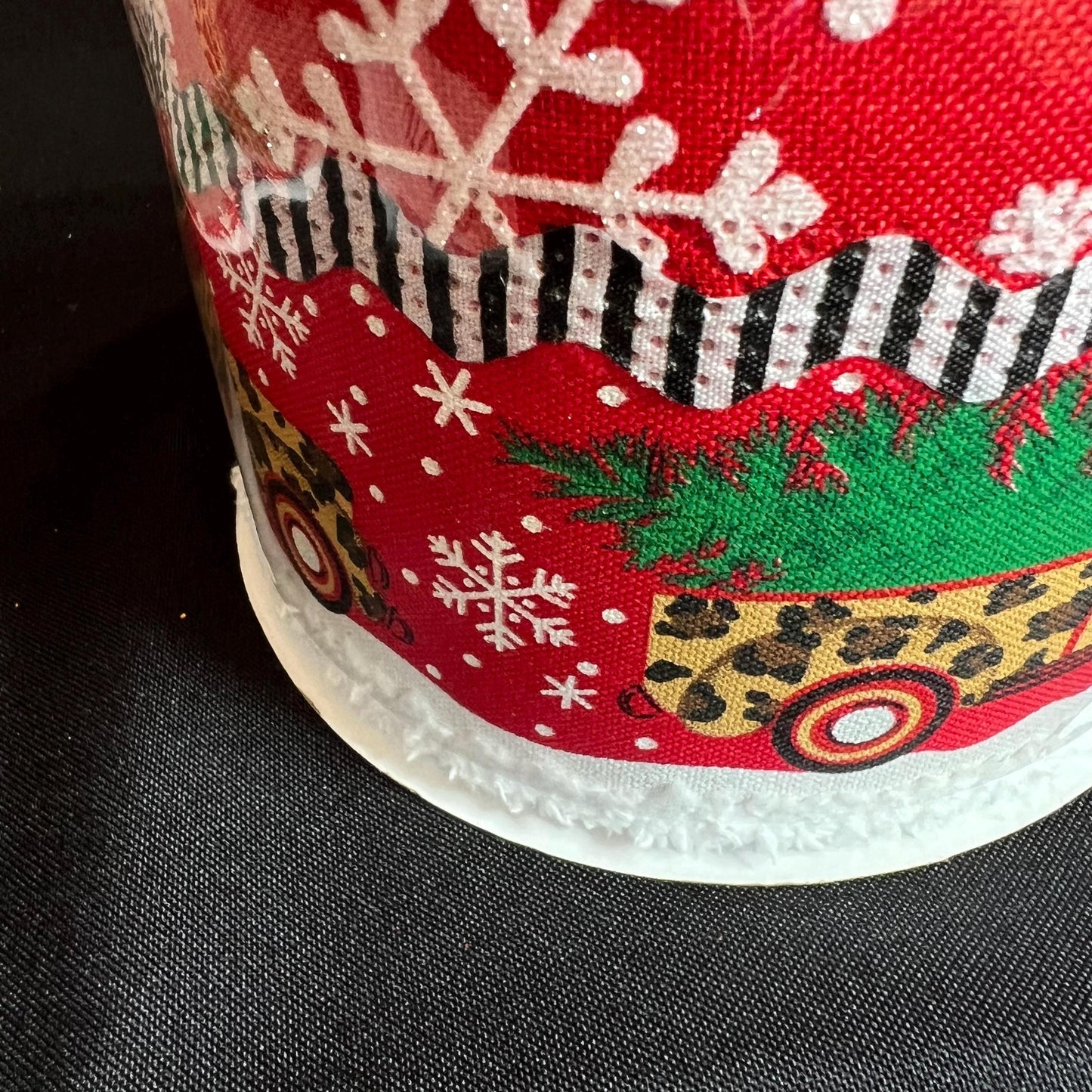 Leopard Print Pickup Truck Christmas Ribbon: Red Chenille Edge, 4 Inch