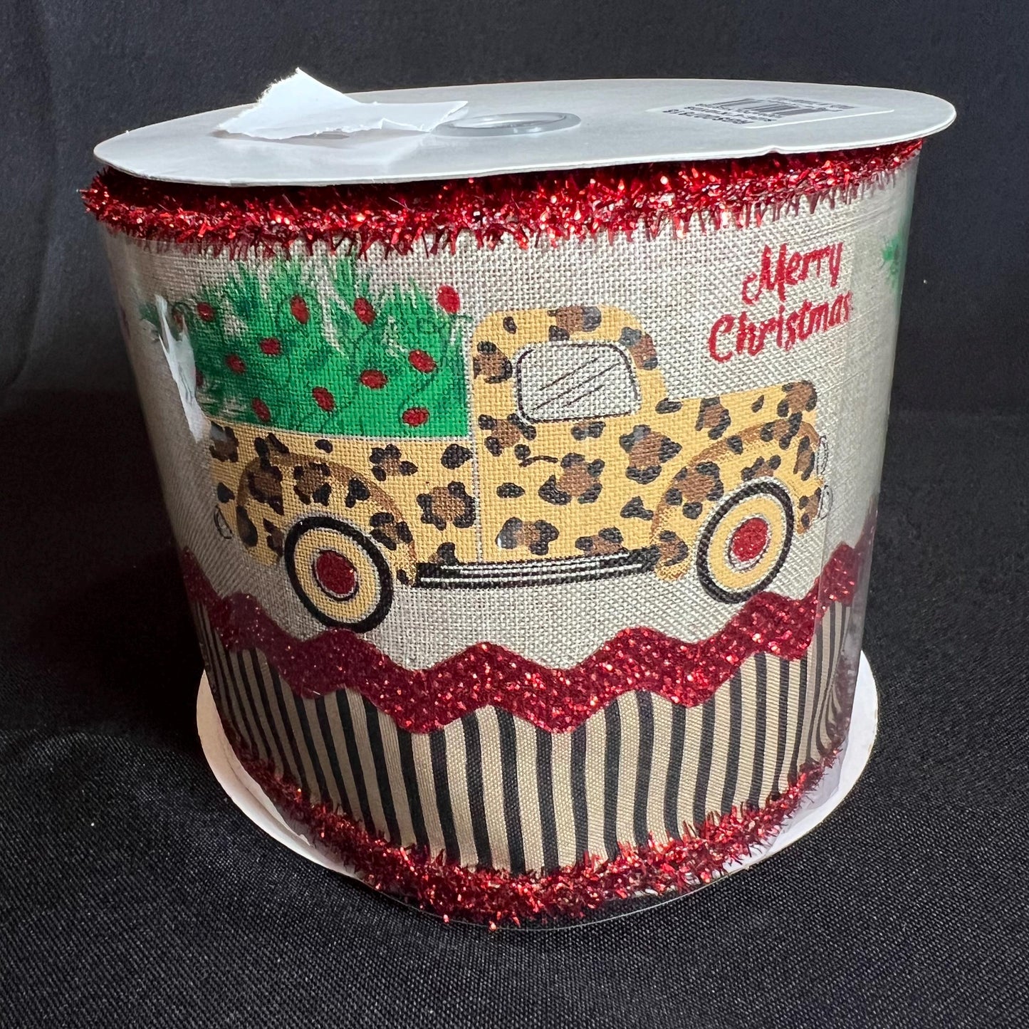 Leopard Pickup Truck Christmas Ribbon: 4 inch Beige Ribbon with Red Tinsel
