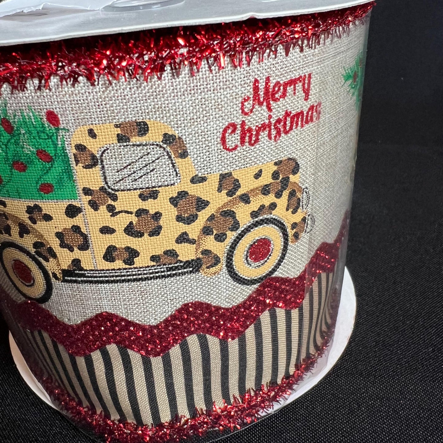 Leopard Pickup Truck Christmas Ribbon: 4 inch Beige Ribbon with Red Tinsel