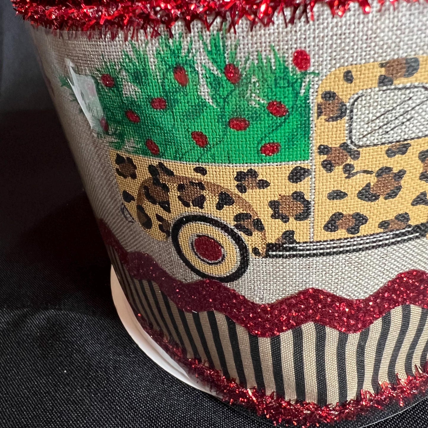Leopard Pickup Truck Christmas Ribbon: 4 inch Beige Ribbon with Red Tinsel