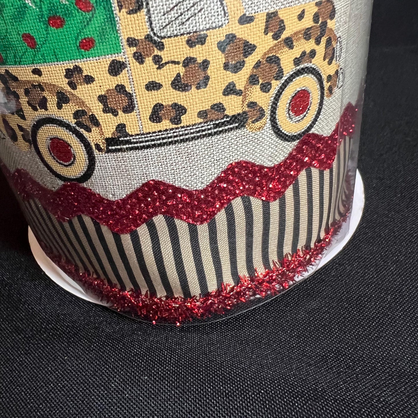 Leopard Pickup Truck Christmas Ribbon: 4 inch Beige Ribbon with Red Tinsel