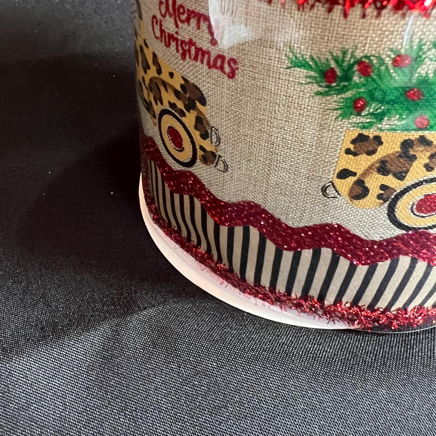 Leopard Pickup Truck Christmas Ribbon: 4 inch Beige Ribbon with Red Tinsel