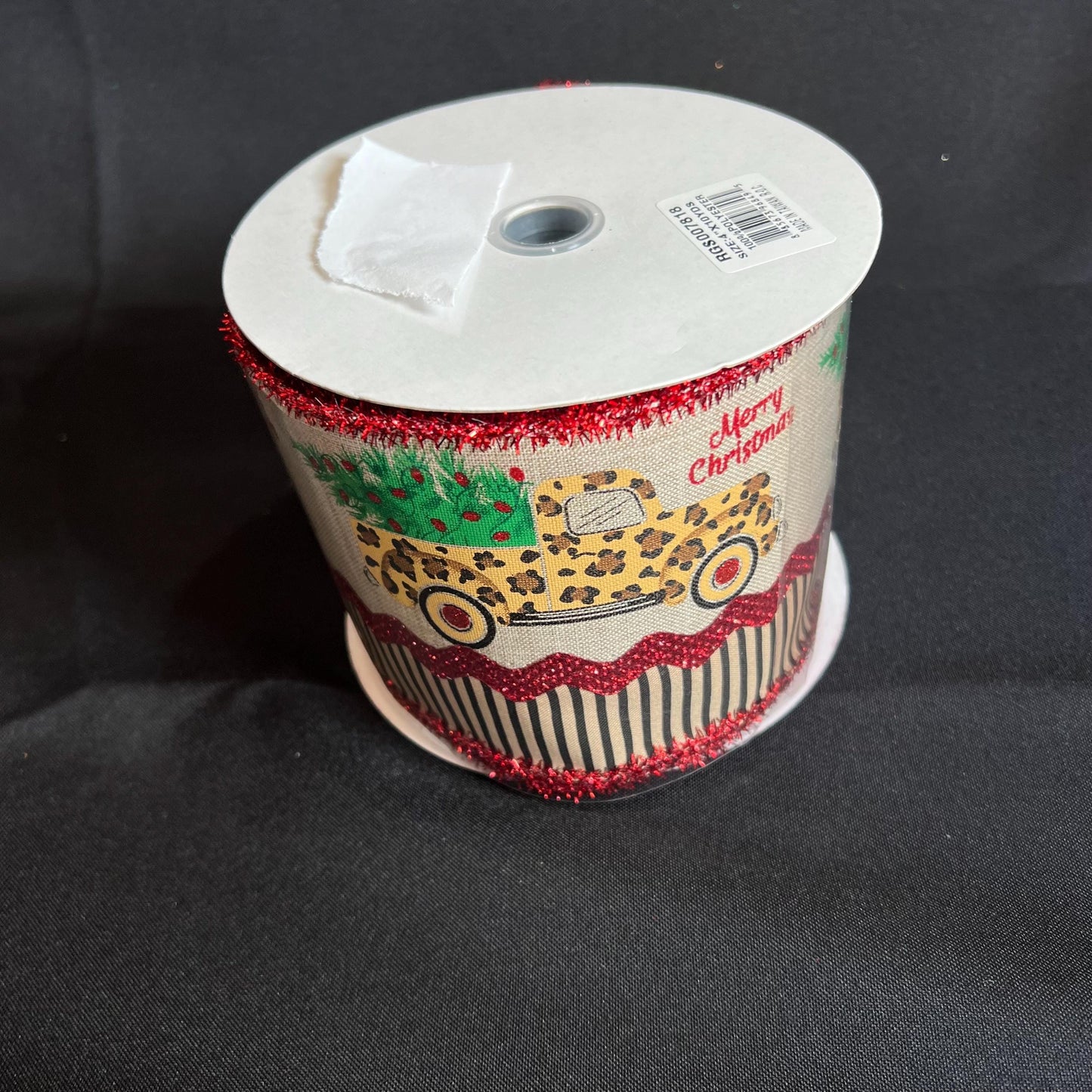 Leopard Pickup Truck Christmas Ribbon: 4 inch Beige Ribbon with Red Tinsel