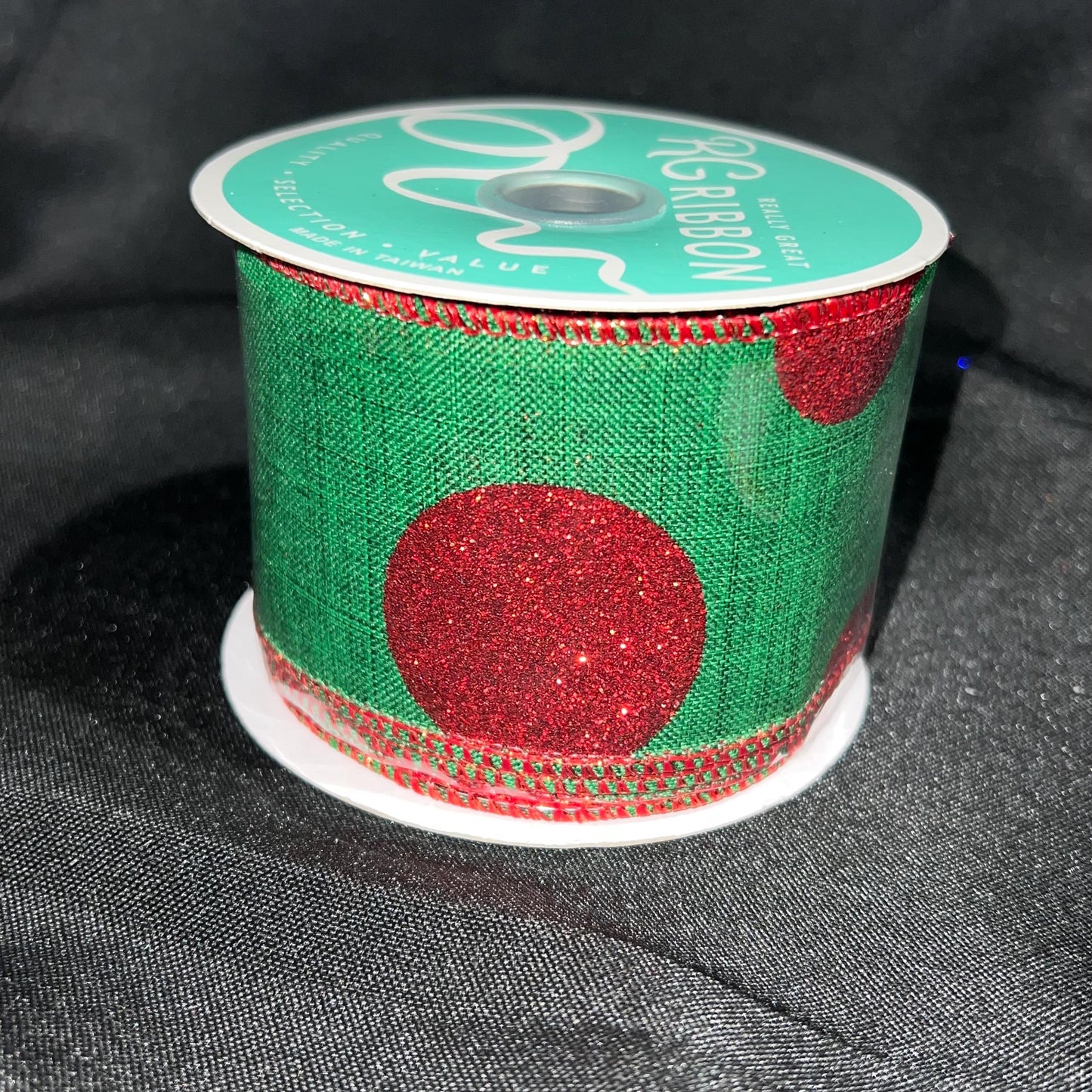 Green Christmas Ribbon: Red Glitter Dots, Wired Edge (2.5" x 10 Yards)