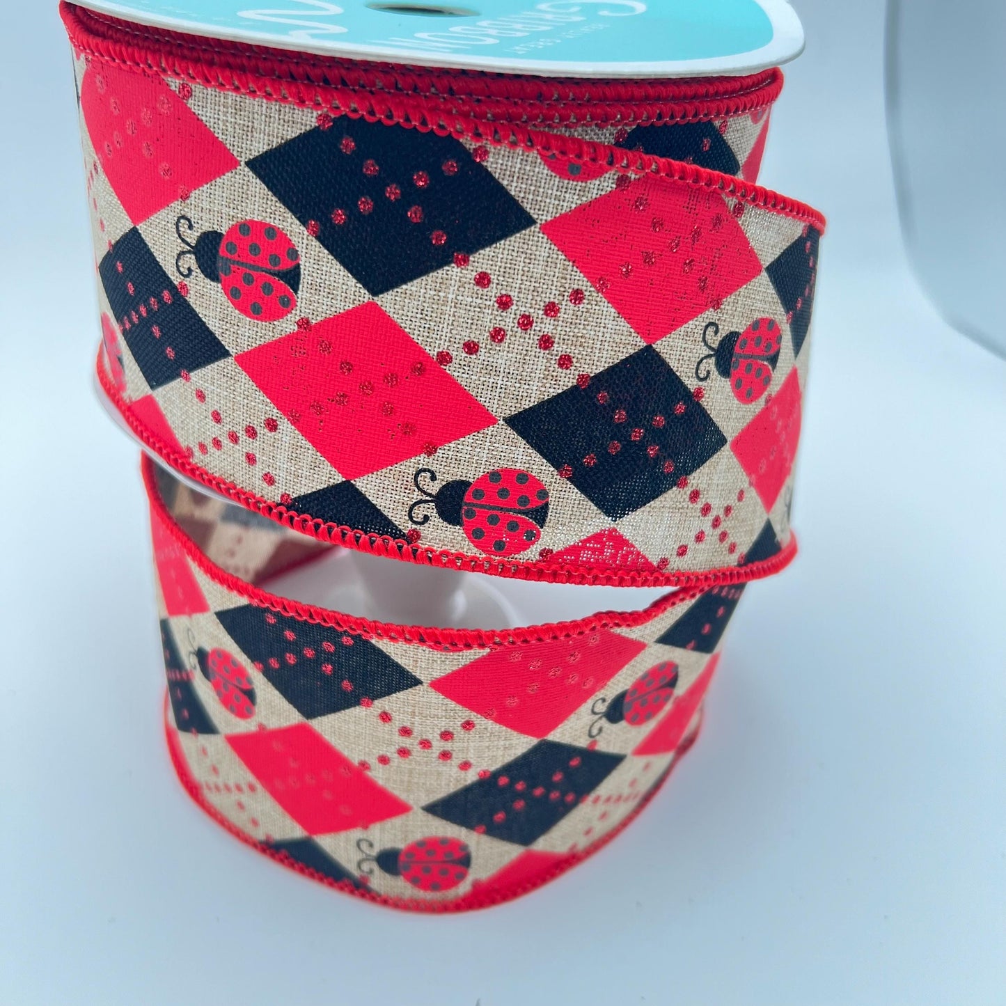 Ladybug Ribbon: Red and Black Argyle, Beige Wired Craft Ribbon (2.5" x 10 Yards)