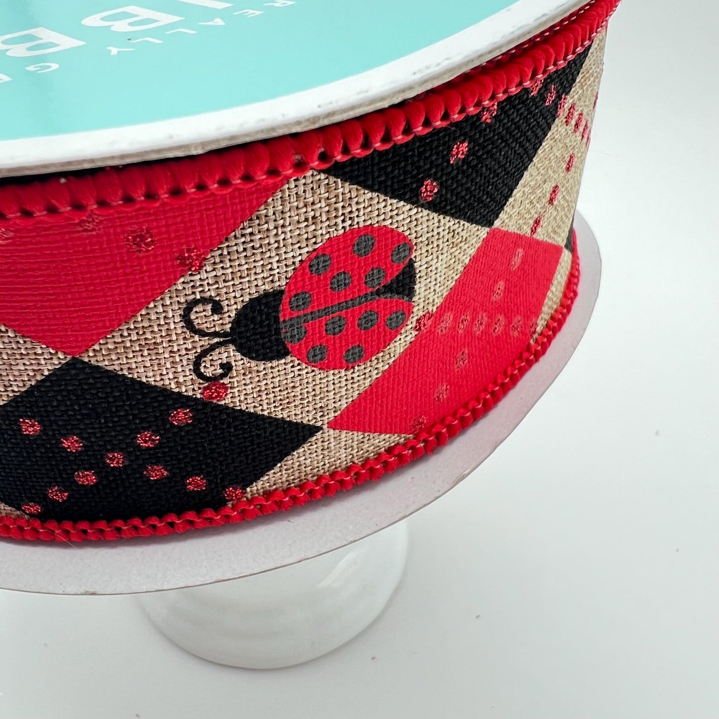Ladybug Ribbon: Red, Black Argyle on Beige - 1.5" x 10 Yards