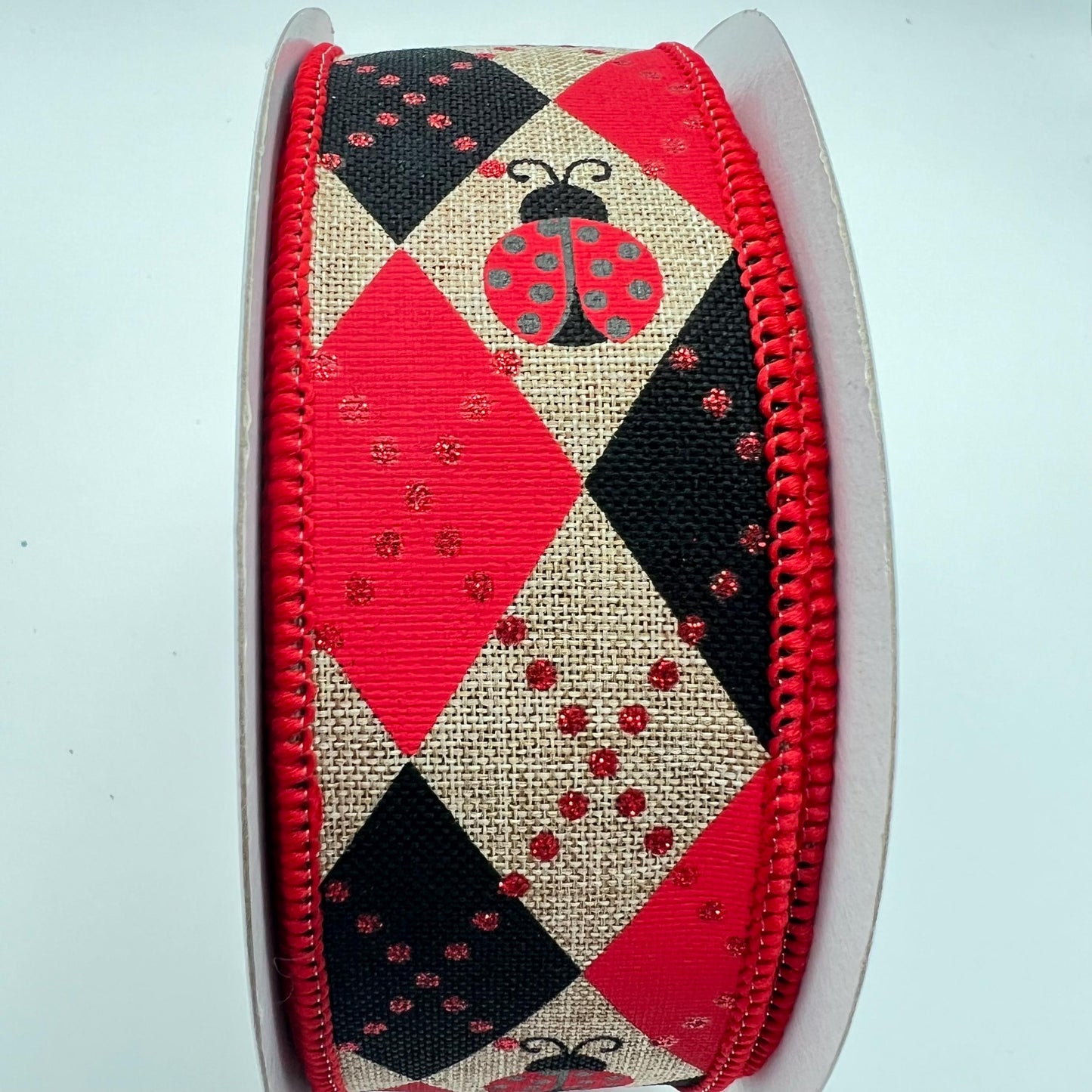 Ladybug Ribbon: Red, Black Argyle on Beige - 1.5" x 10 Yards