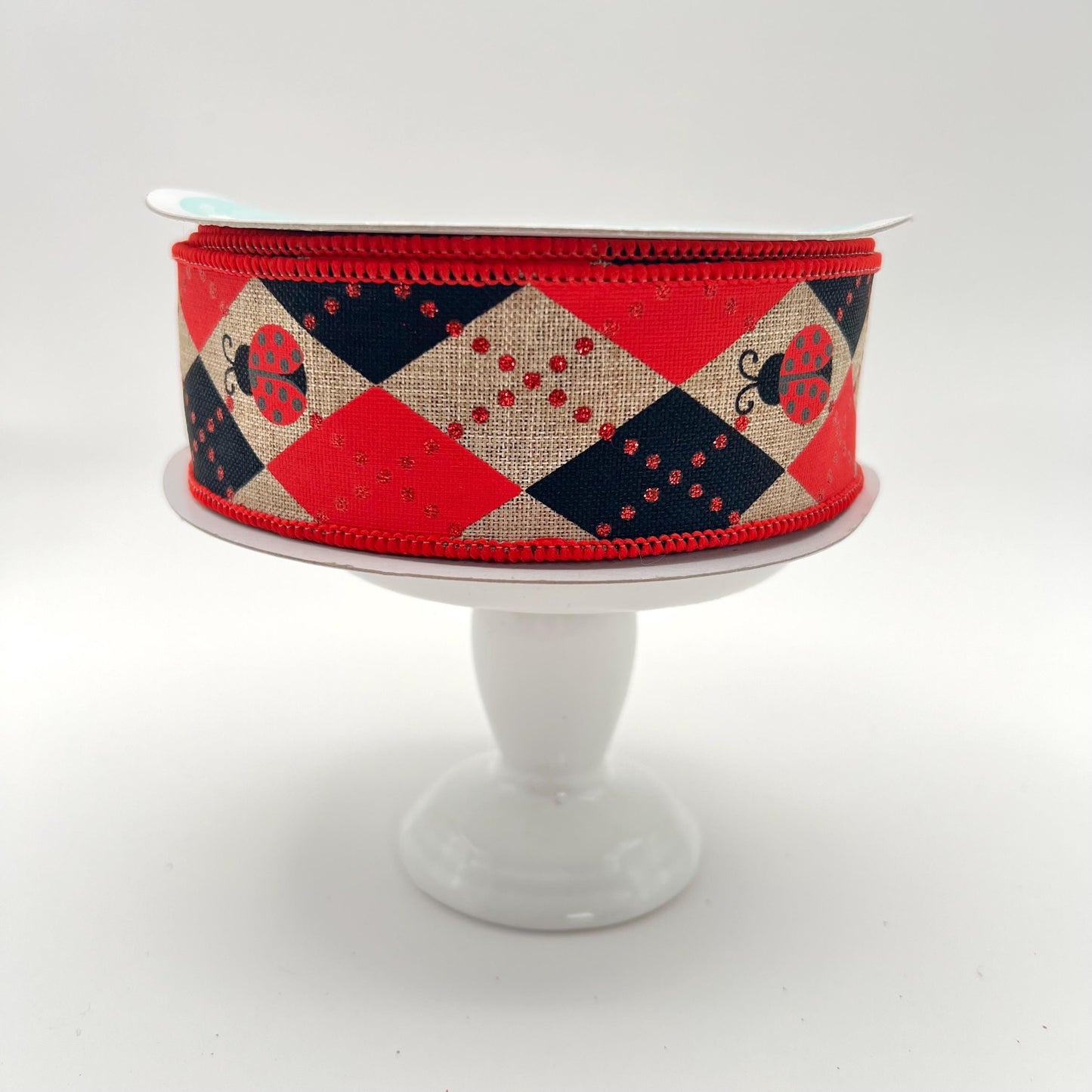 Ladybug Ribbon: Red, Black Argyle on Beige - 1.5" x 10 Yards