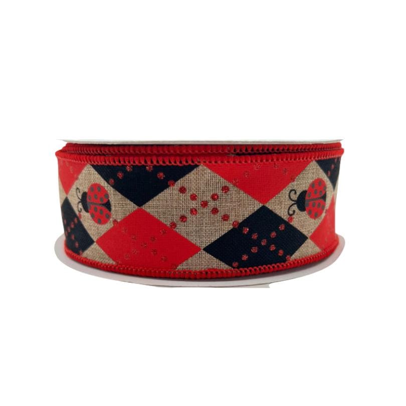 Ladybug Ribbon: Red, Black Argyle on Beige - 1.5" x 10 Yards