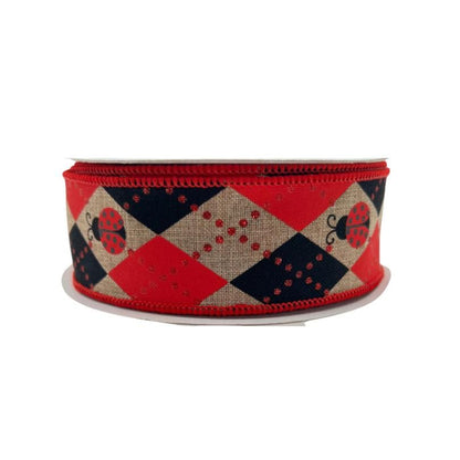 Ladybug Ribbon: Red, Black Argyle on Beige - 1.5" x 10 Yards