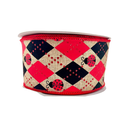 Ladybug Ribbon: Red and Black Argyle, Beige Wired Craft Ribbon (2.5" x 10 Yards)