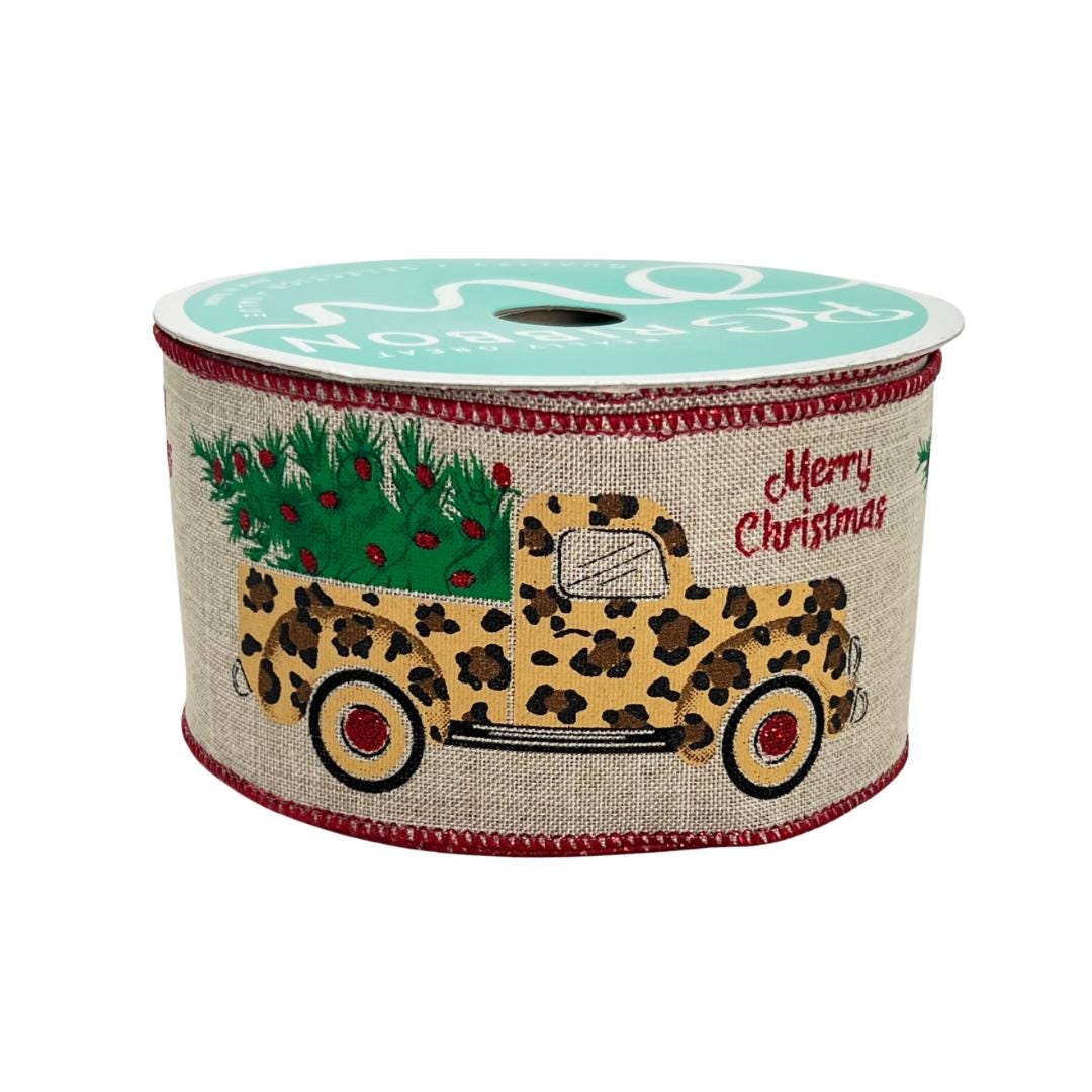 2.5" x 10 Yd Buffalo Plaid Ribbon: Natural Beige with Red and Black Trees Bear and Moose, Rustic Christmas Ribbon for Wreaths Bows RG01721AY