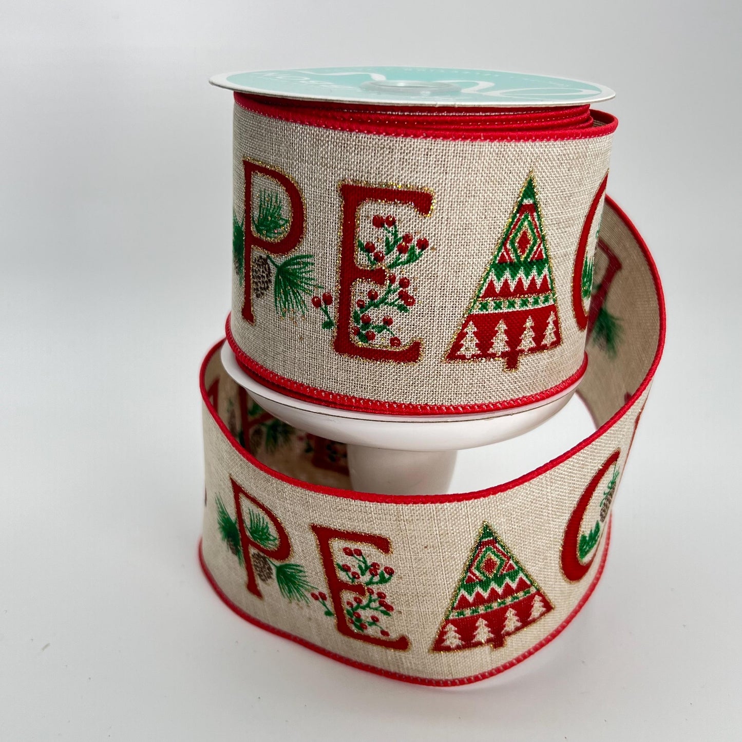 Christmas PEACE Ribbon: Rustic Beige Wired Ribbon, 2.5" x 10 Yards