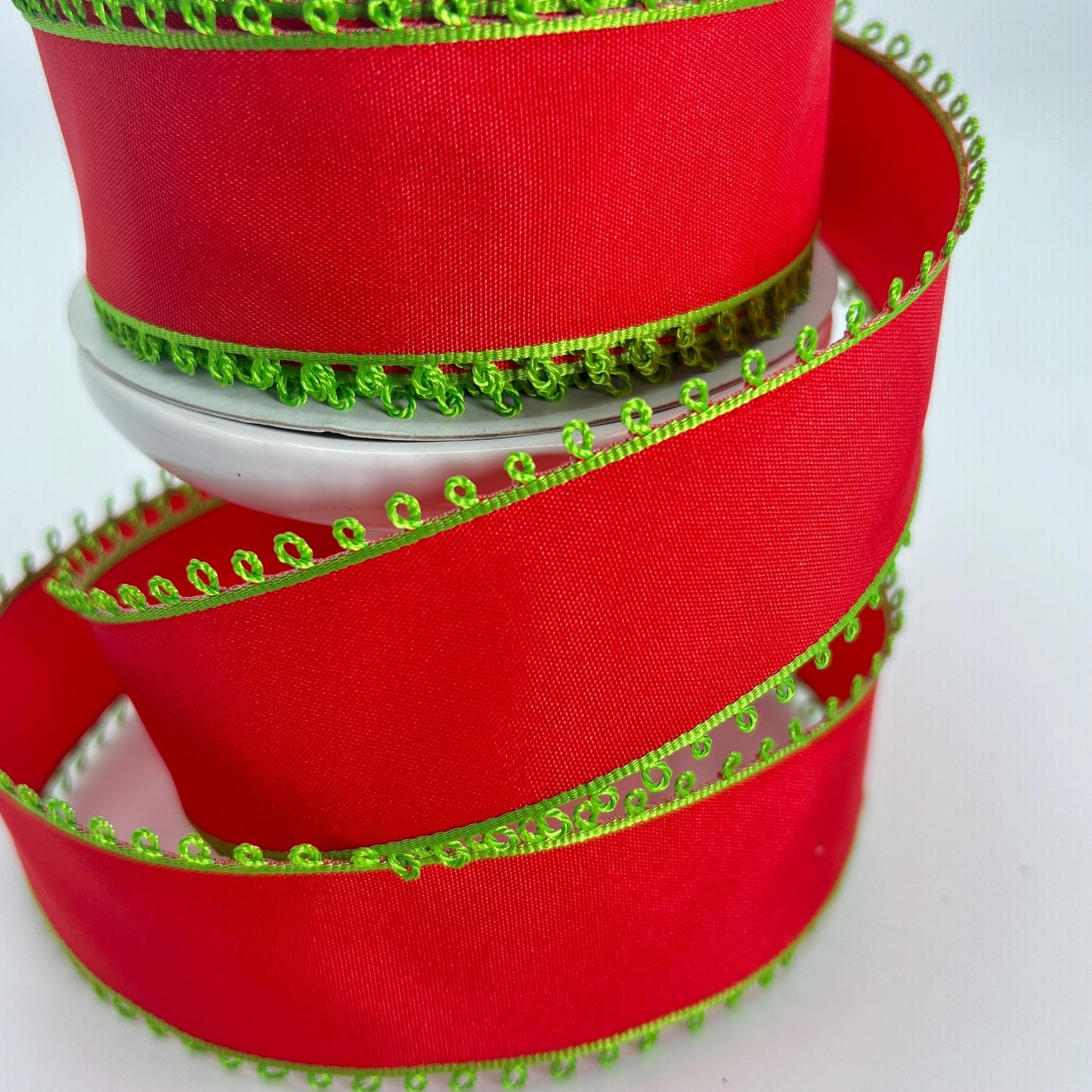 Red Wired Ribbon with Lime Green Picot Edge - 1.5" x 10 Yards