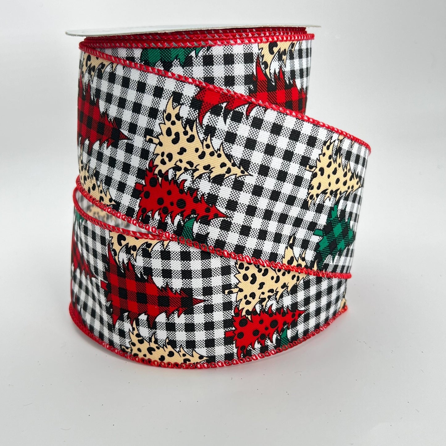 Checkered Christmas Tree Ribbon: Leopard & Plaid, Wired Edge (2.5" x 10 Yards)