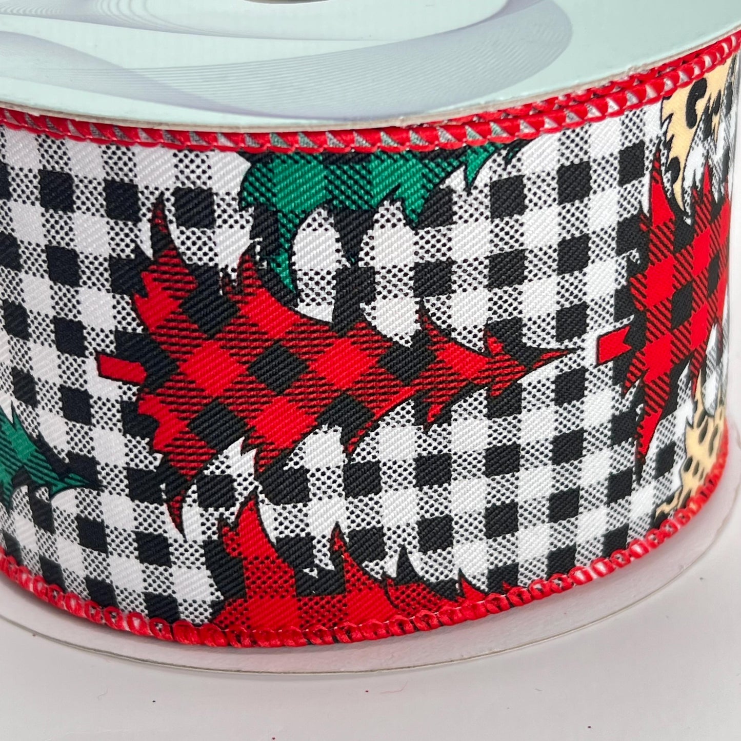 Checkered Christmas Tree Ribbon: Leopard & Plaid, Wired Edge (2.5" x 10 Yards)