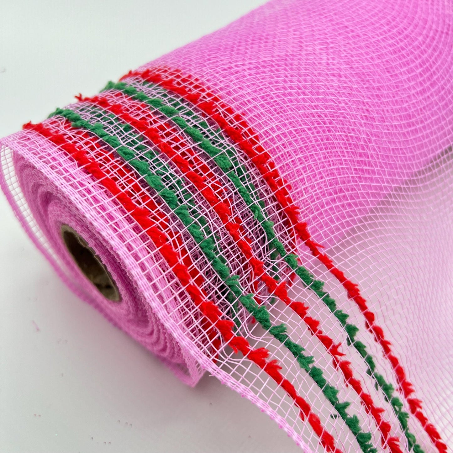 Pink Mesh with Red and Green Drift Edge Border 10.5” by 10 Yards, Wreathmaking Supplies, Trendy Christmas Tree Decorating Accent, RY8116R4