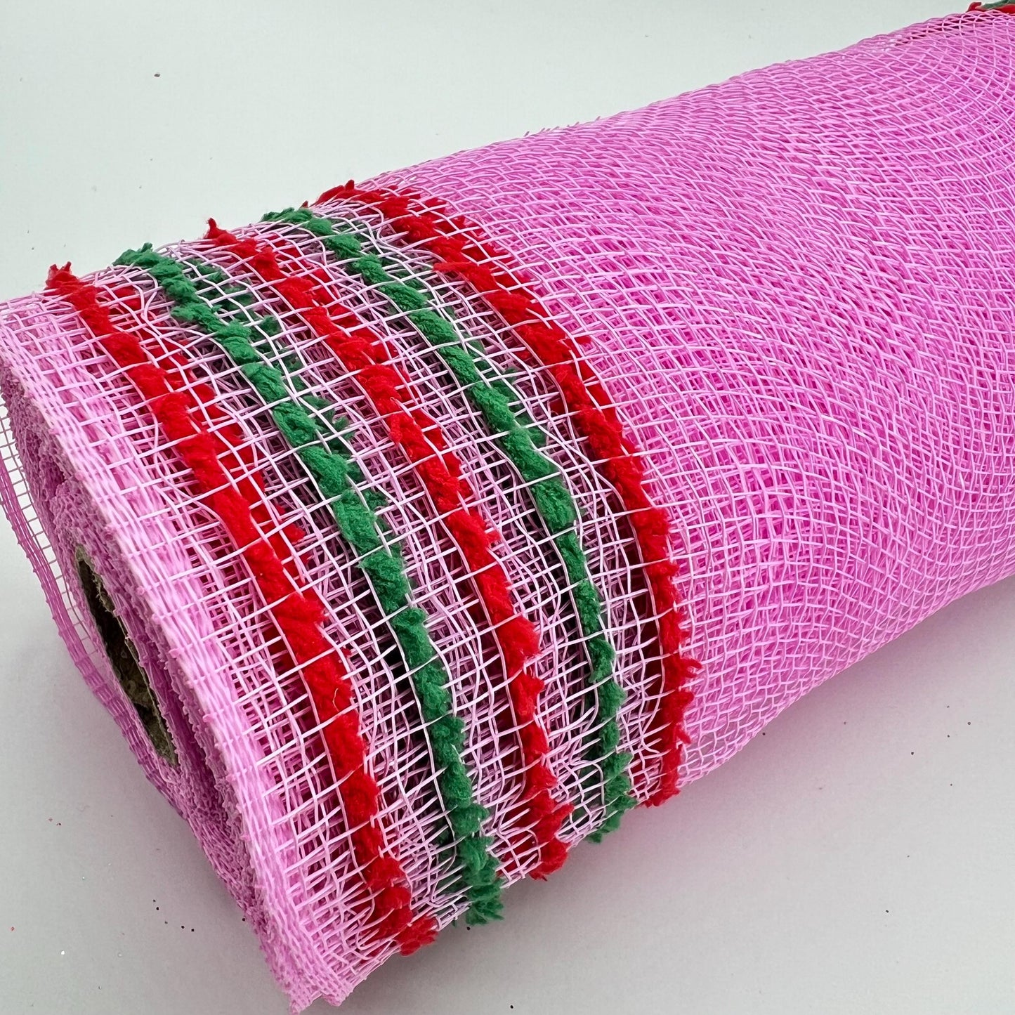 Pink Mesh with Red and Green Drift Edge Border 10.5” by 10 Yards, Wreathmaking Supplies, Trendy Christmas Tree Decorating Accent, RY8116R4