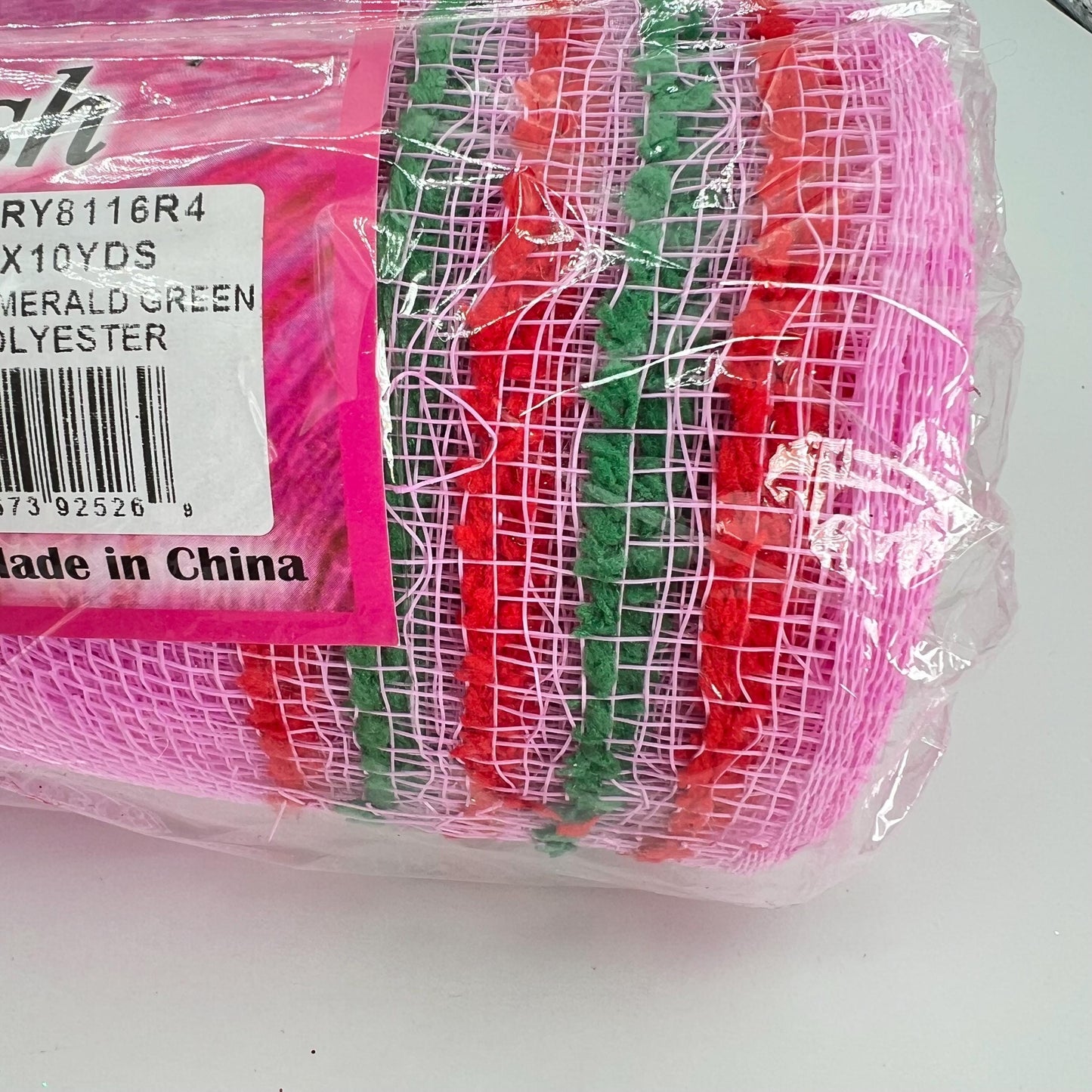 Pink Mesh with Red and Green Drift Edge Border 10.5” by 10 Yards, Wreathmaking Supplies, Trendy Christmas Tree Decorating Accent, RY8116R4