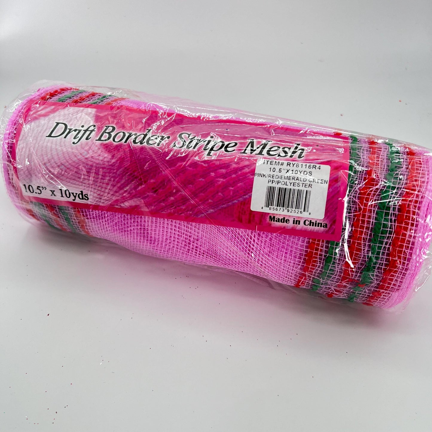 Pink Mesh with Red and Green Drift Edge Border 10.5” by 10 Yards, Wreathmaking Supplies, Trendy Christmas Tree Decorating Accent, RY8116R4