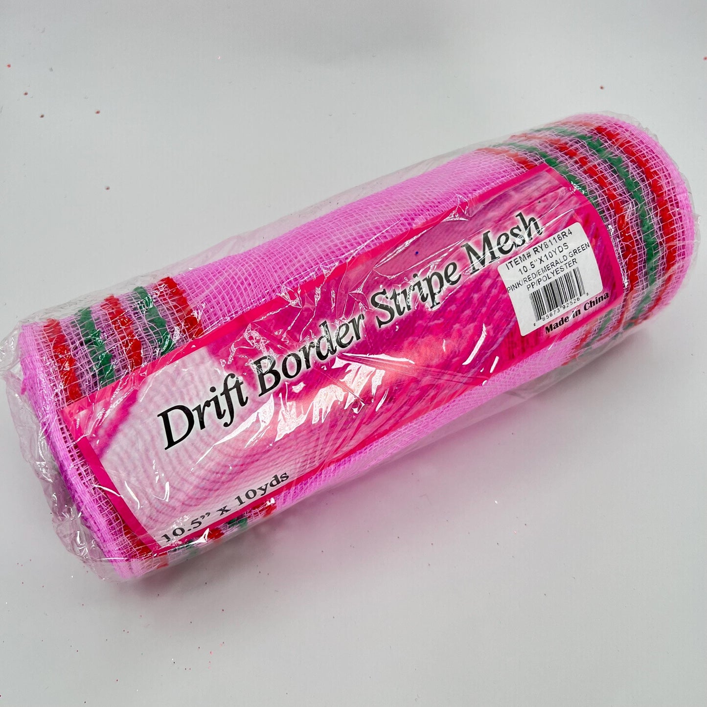 Pink Mesh with Red and Green Drift Edge Border 10.5” by 10 Yards, Wreathmaking Supplies, Trendy Christmas Tree Decorating Accent, RY8116R4