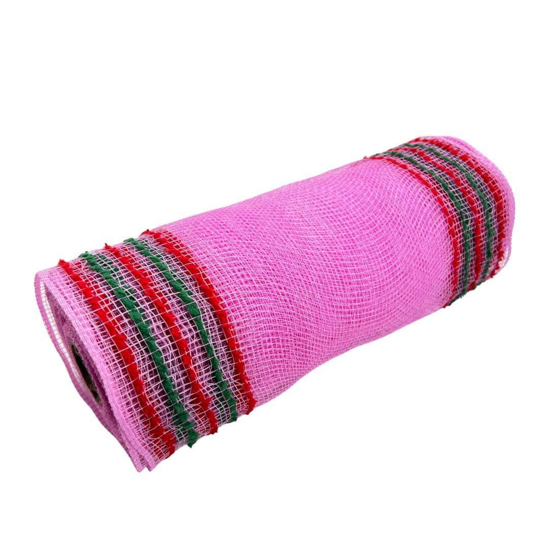 Pink Mesh with Red and Green Drift Edge Border 10.5” by 10 Yards, Wreathmaking Supplies, Trendy Christmas Tree Decorating Accent, RY8116R4
