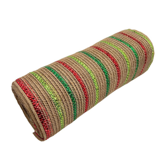 Beige Poly Jute Mesh Narrow Red Dark and Light Green Metallic Stripe 10.5” by 10 Yards, Wreathmaking Supplies, Christmas Accent, RY800726