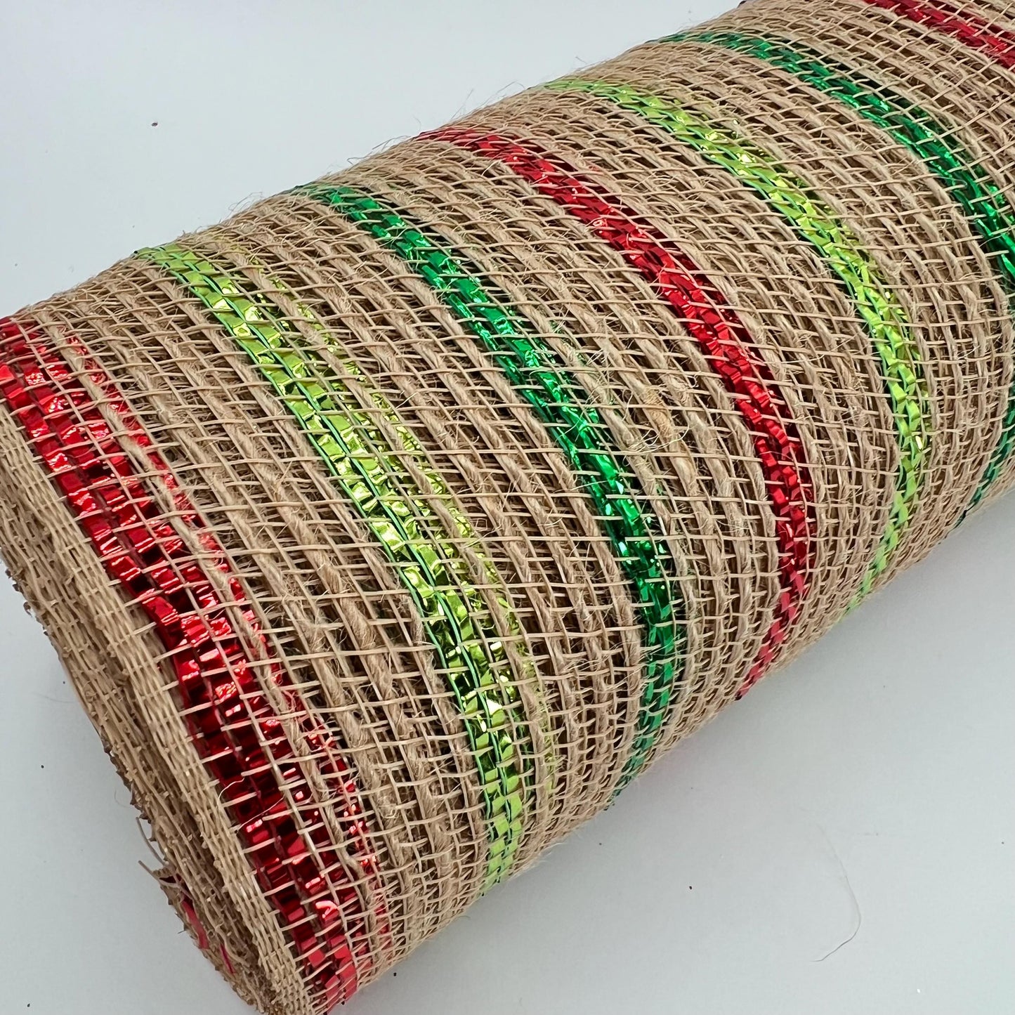 Beige Poly Jute Mesh Narrow Red Dark and Light Green Metallic Stripe 10.5” by 10 Yards, Wreathmaking Supplies, Christmas Accent, RY800726