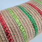 Beige Poly Jute Mesh Narrow Red Dark and Light Green Metallic Stripe 10.5” by 10 Yards, Wreathmaking Supplies, Christmas Accent, RY800726