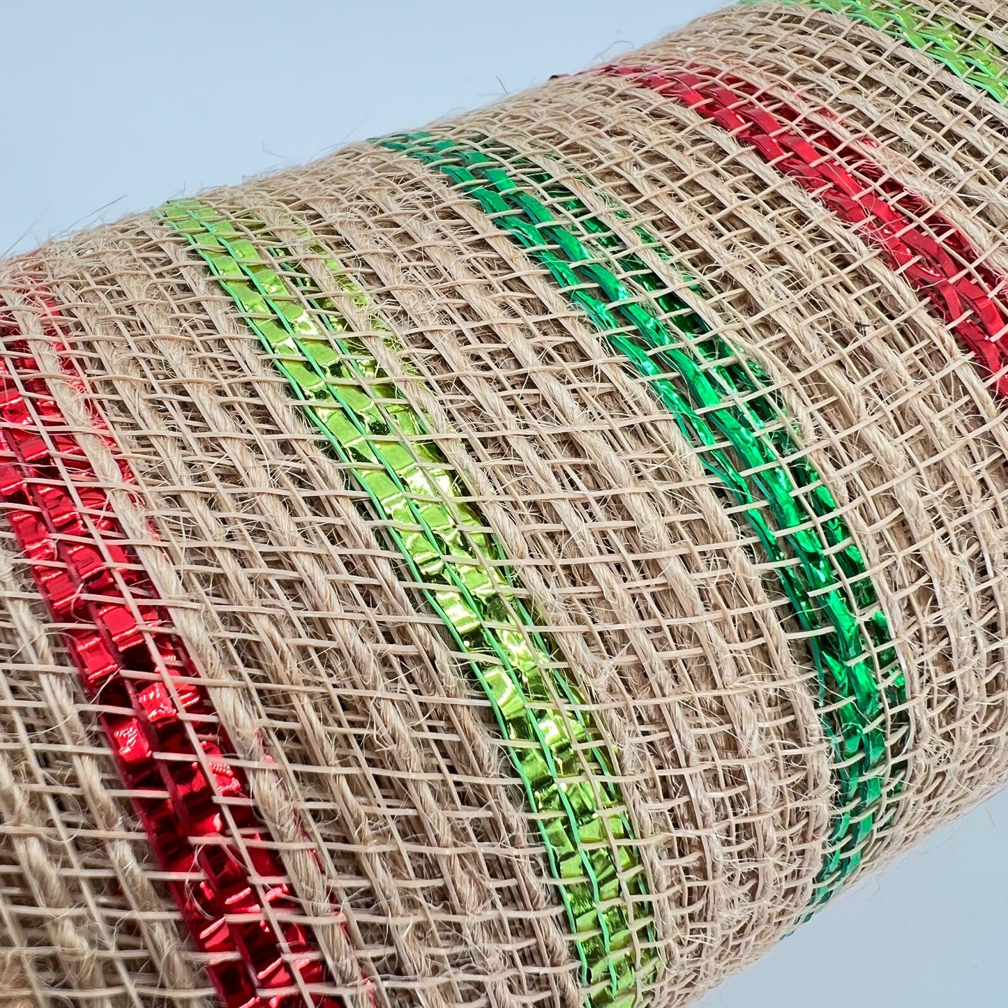 Beige Poly Jute Mesh Narrow Red Dark and Light Green Metallic Stripe 10.5” by 10 Yards, Wreathmaking Supplies, Christmas Accent, RY800726