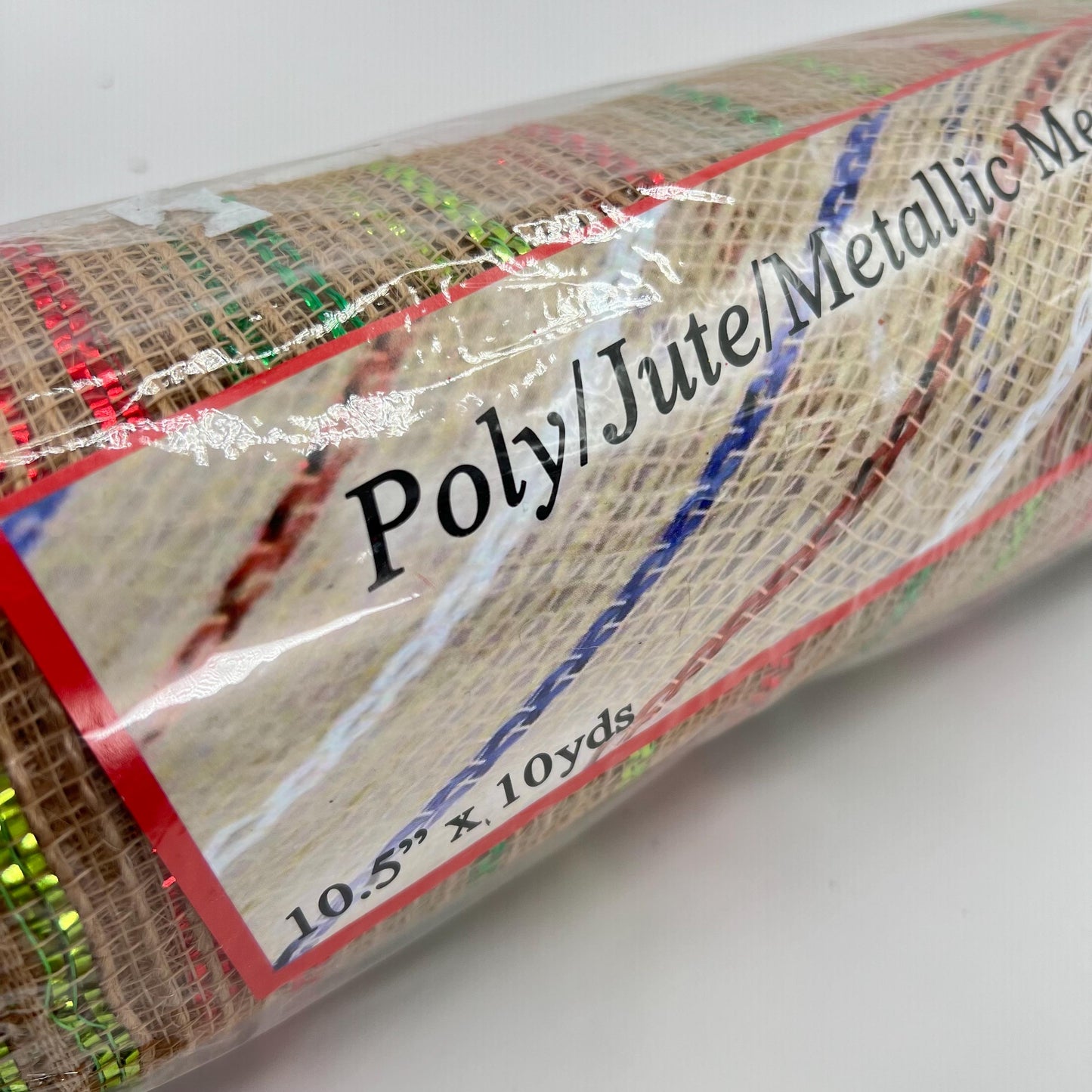 Beige Poly Jute Mesh Narrow Red Dark and Light Green Metallic Stripe 10.5” by 10 Yards, Wreathmaking Supplies, Christmas Accent, RY800726