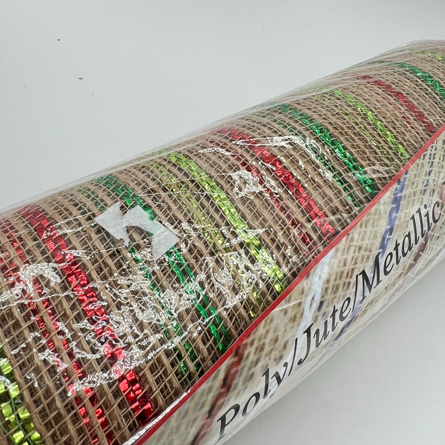 Beige Poly Jute Mesh Narrow Red Dark and Light Green Metallic Stripe 10.5” by 10 Yards, Wreathmaking Supplies, Christmas Accent, RY800726