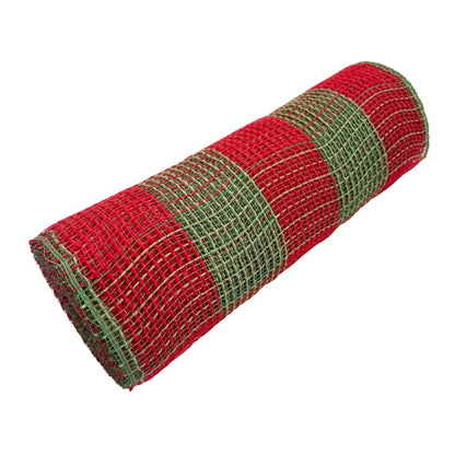 Red and Moss Green Check Wide Stripe Fabric Mesh 10.5” by 10 Yards, Olive Green Rustic Wreathmaking Supplies, Christmas Accent, RY831558