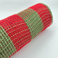 Red and Moss Green Check Wide Stripe Fabric Mesh 10.5” by 10 Yards, Olive Green Rustic Wreathmaking Supplies, Christmas Accent, RY831558