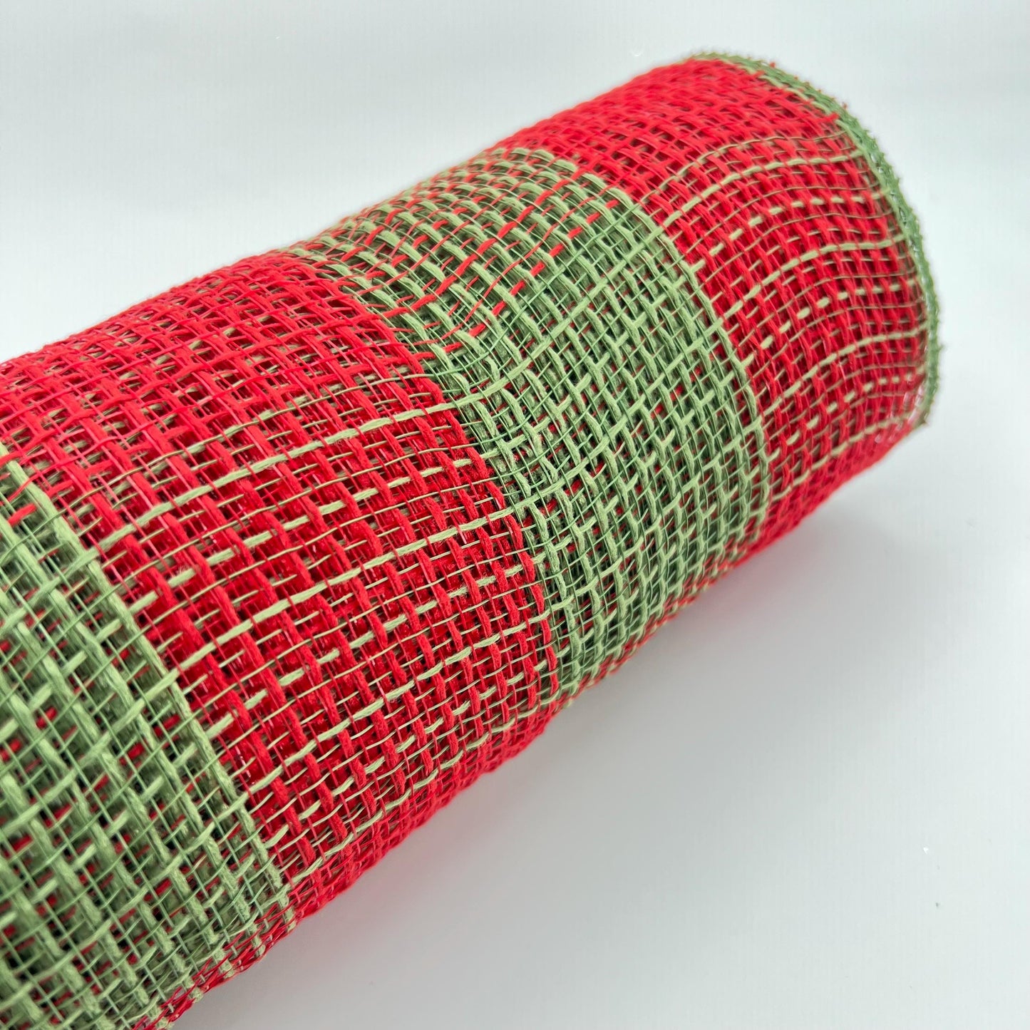 Red and Moss Green Check Wide Stripe Fabric Mesh 10.5” by 10 Yards, Olive Green Rustic Wreathmaking Supplies, Christmas Accent, RY831558